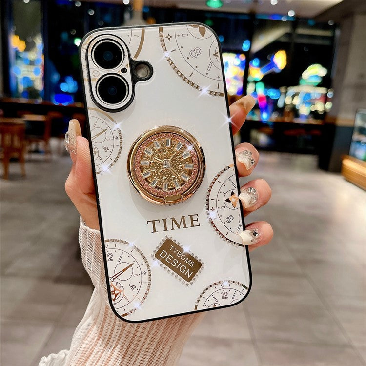 For iPhone 16 Case Clock Motifs TPU+PC Phone Cover with Rhinestones Decor Ring Kickstand - White