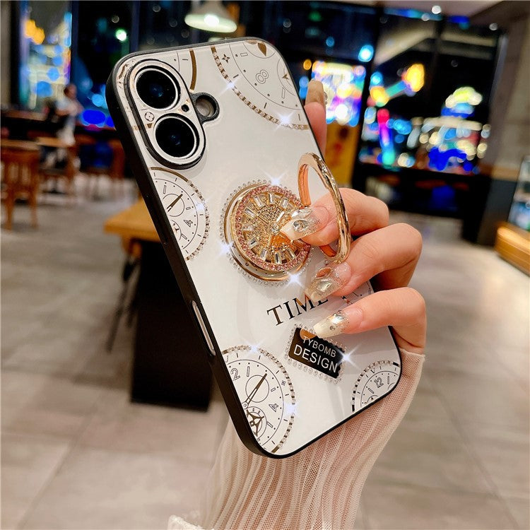 For iPhone 16 Case Clock Motifs TPU+PC Phone Cover with Rhinestones Decor Ring Kickstand - White