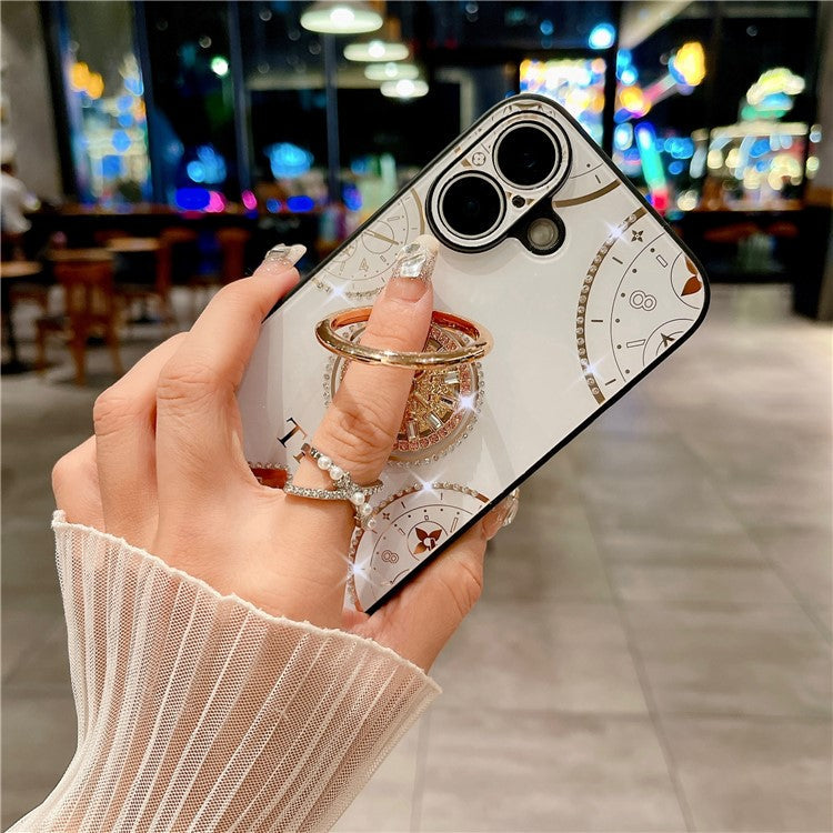 For iPhone 16 Case Clock Motifs TPU+PC Phone Cover with Rhinestones Decor Ring Kickstand - White