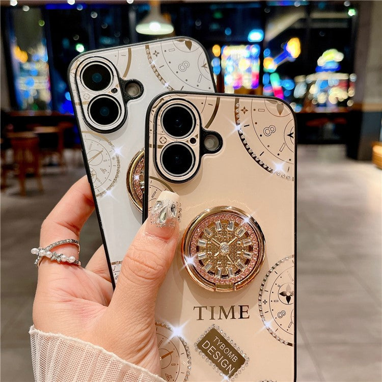 For iPhone 16 Case Clock Motifs TPU+PC Phone Cover with Rhinestones Decor Ring Kickstand - White