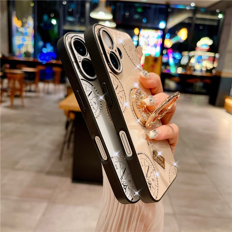 For iPhone 16 Case Clock Motifs TPU+PC Phone Cover with Rhinestones Decor Ring Kickstand - White