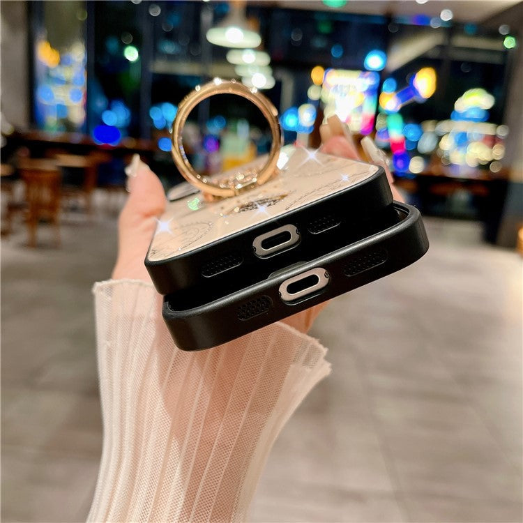 For iPhone 16 Case Clock Motifs TPU+PC Phone Cover with Rhinestones Decor Ring Kickstand - White