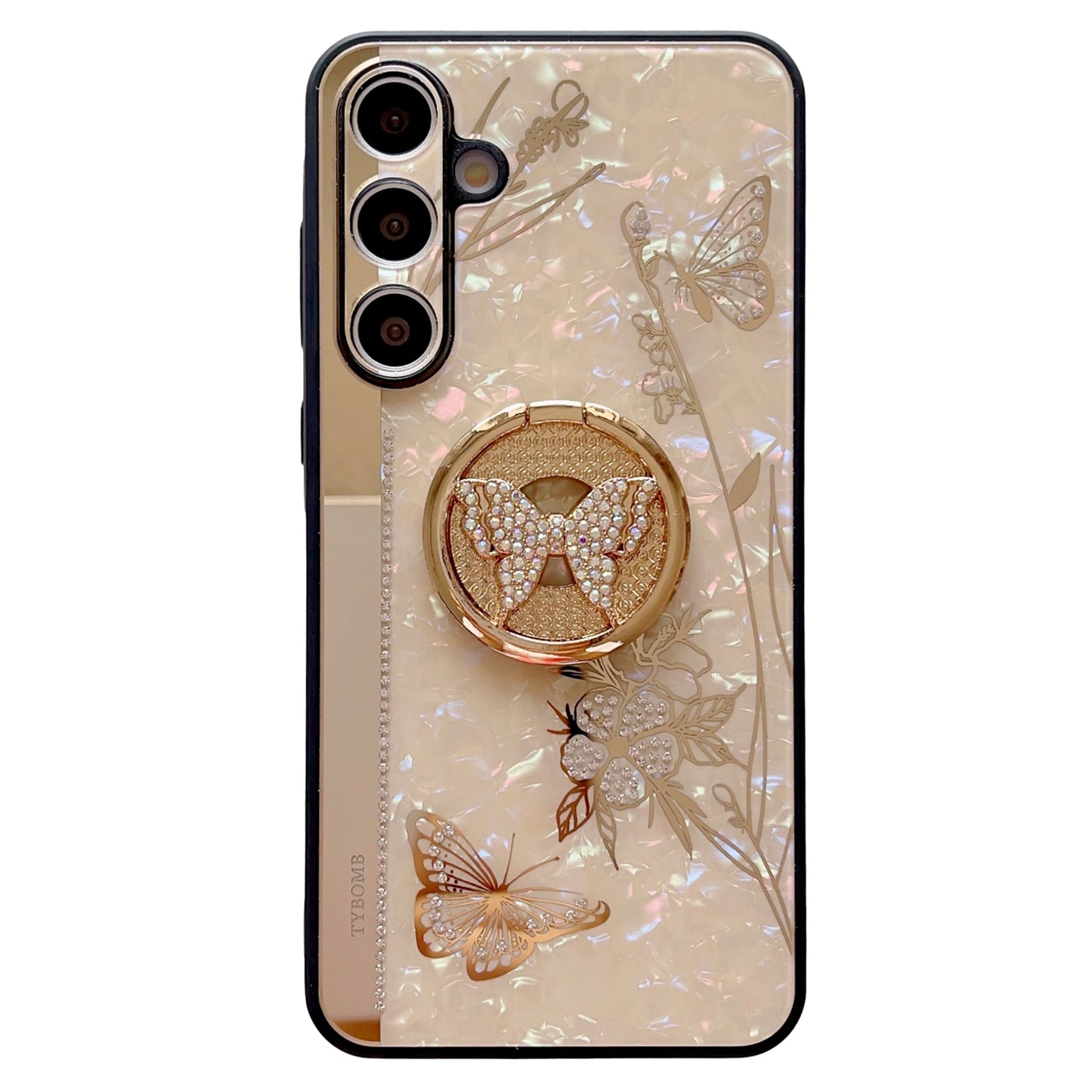 For Samsung Galaxy A16 4G / 5G Case Rhinestones Decor Kickstand TPU+PC Butterfly Floral Phone Cover - Gold