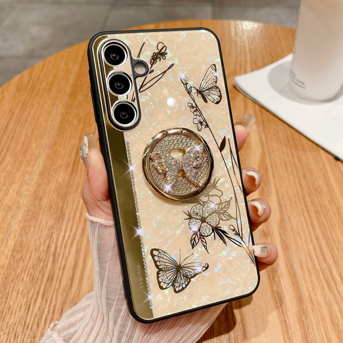 For Samsung Galaxy A16 4G / 5G Case Rhinestones Decor Kickstand TPU+PC Butterfly Floral Phone Cover - Gold