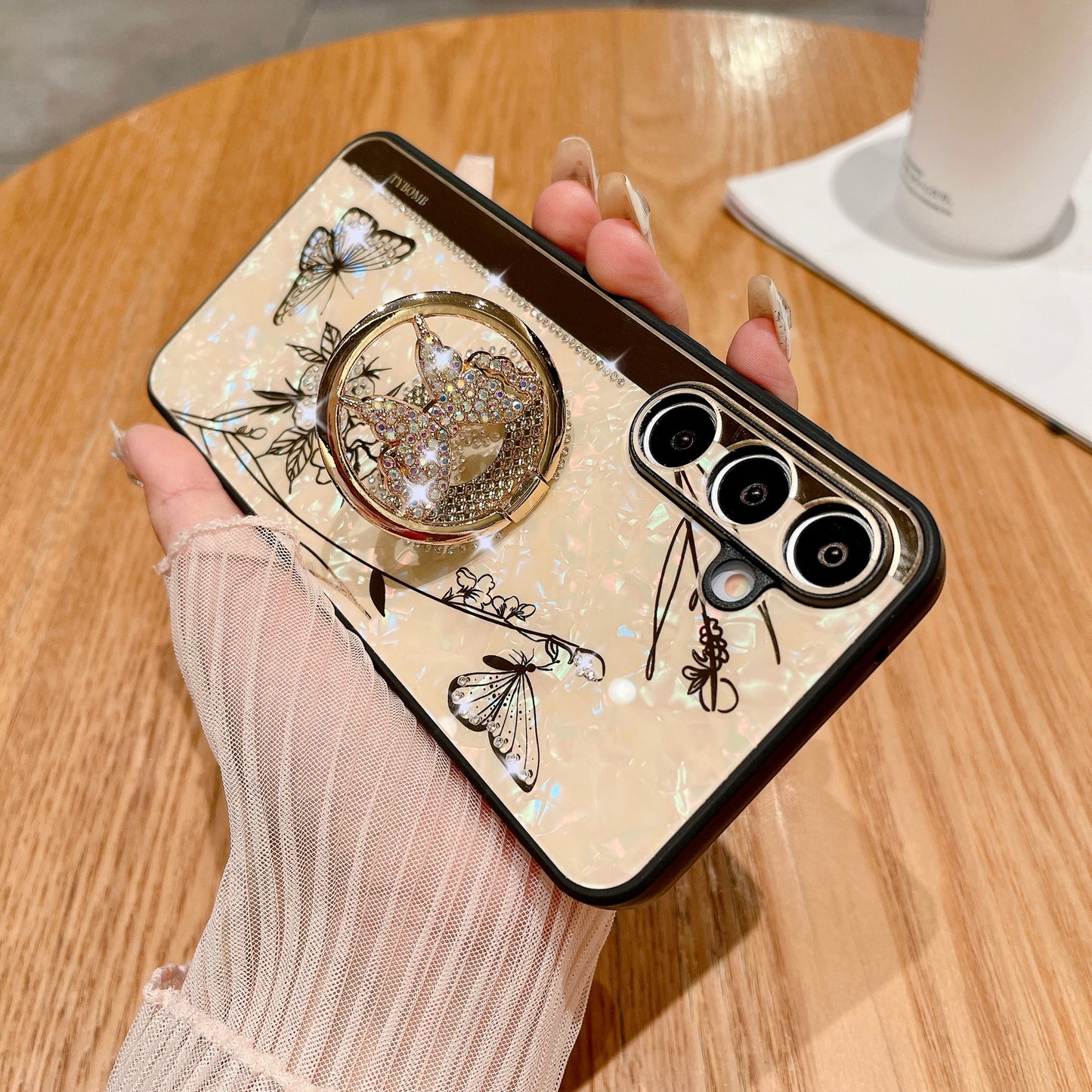 For Samsung Galaxy A16 4G / 5G Case Rhinestones Decor Kickstand TPU+PC Butterfly Floral Phone Cover - Gold