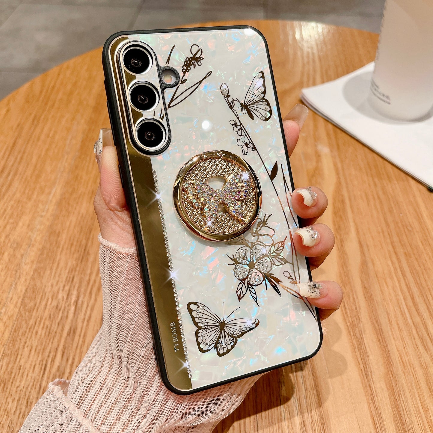 For Samsung Galaxy A16 4G / 5G Case Rhinestones Decor Kickstand TPU+PC Butterfly Floral Phone Cover - White