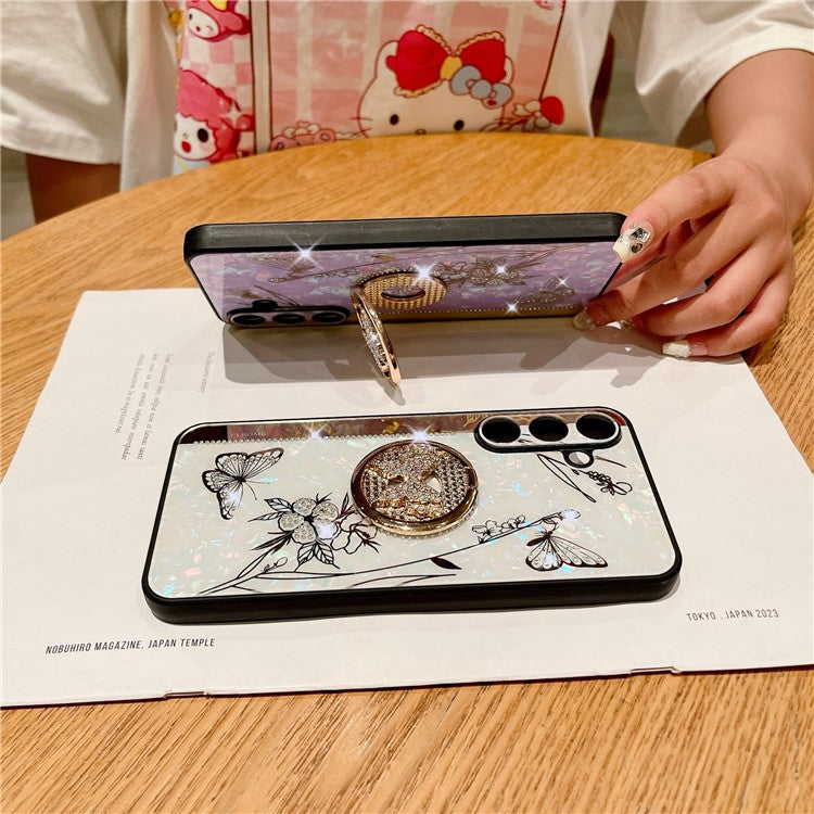 For Samsung Galaxy A55 5G Case Rhinestones Decor Kickstand TPU+PC Butterfly Floral Phone Cover - Purple