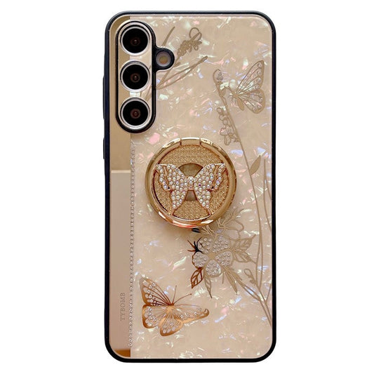 For Samsung Galaxy A55 5G Case Rhinestones Decor Kickstand TPU+PC Butterfly Floral Phone Cover - Gold