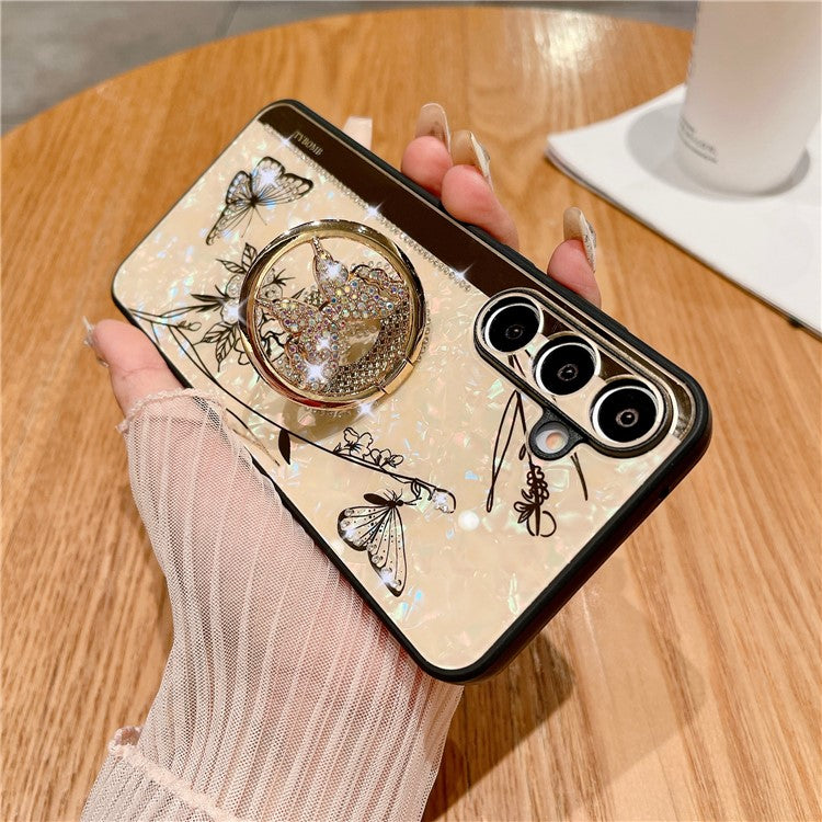 For Samsung Galaxy A55 5G Case Rhinestones Decor Kickstand TPU+PC Butterfly Floral Phone Cover - Gold