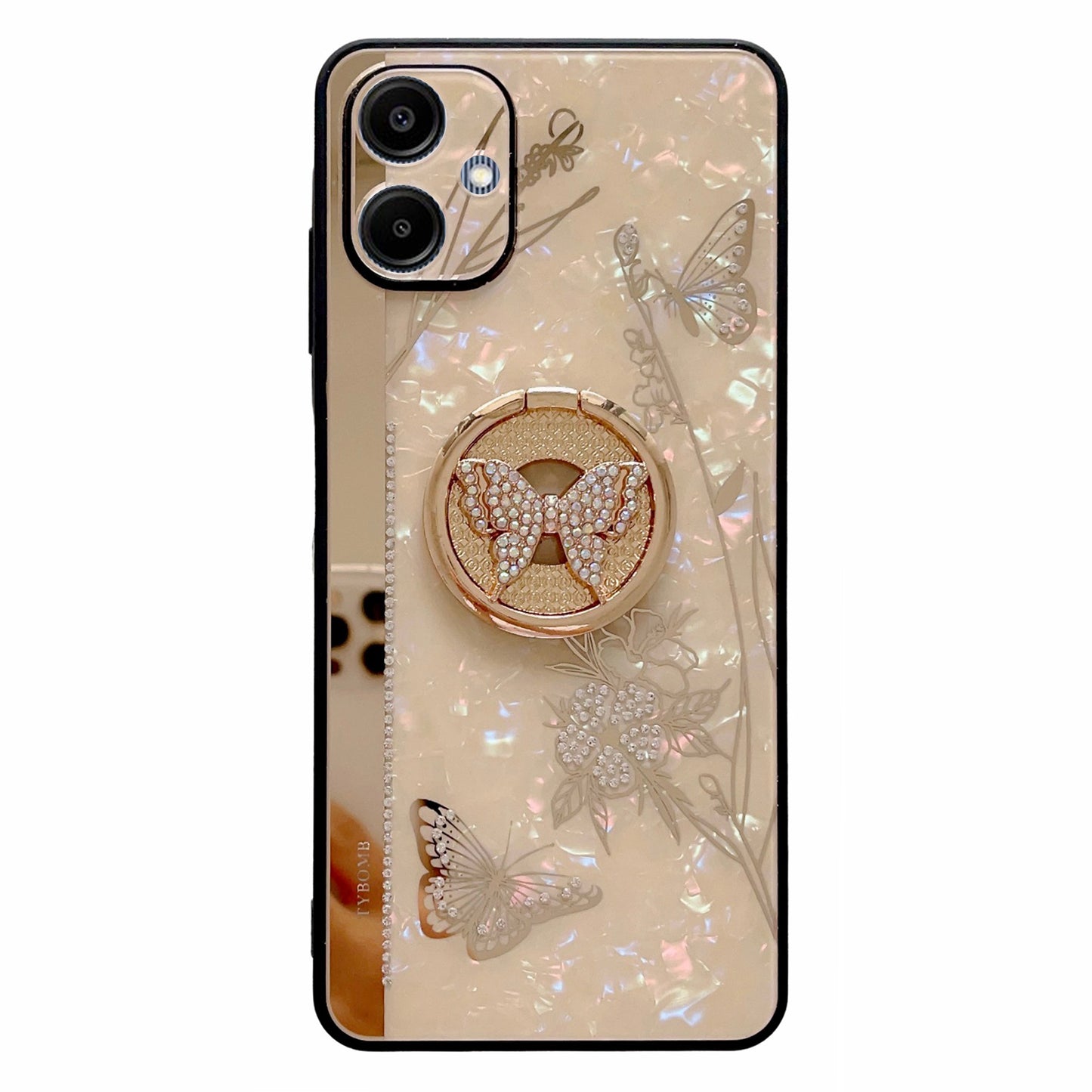 For Samsung Galaxy A06 Case Rhinestones Decor Kickstand TPU+PC Butterfly Floral Phone Cover - Gold