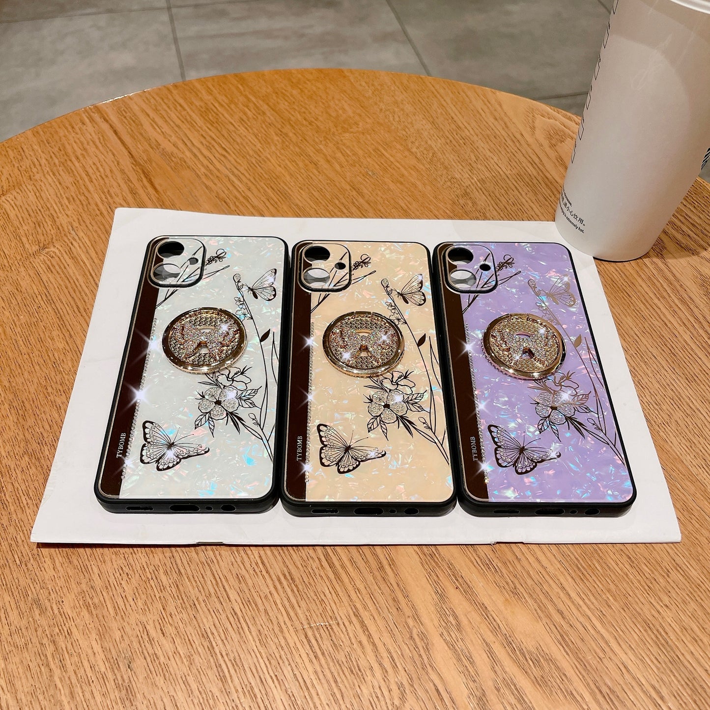 For Samsung Galaxy A06 Case Rhinestones Decor Kickstand TPU+PC Butterfly Floral Phone Cover - Gold