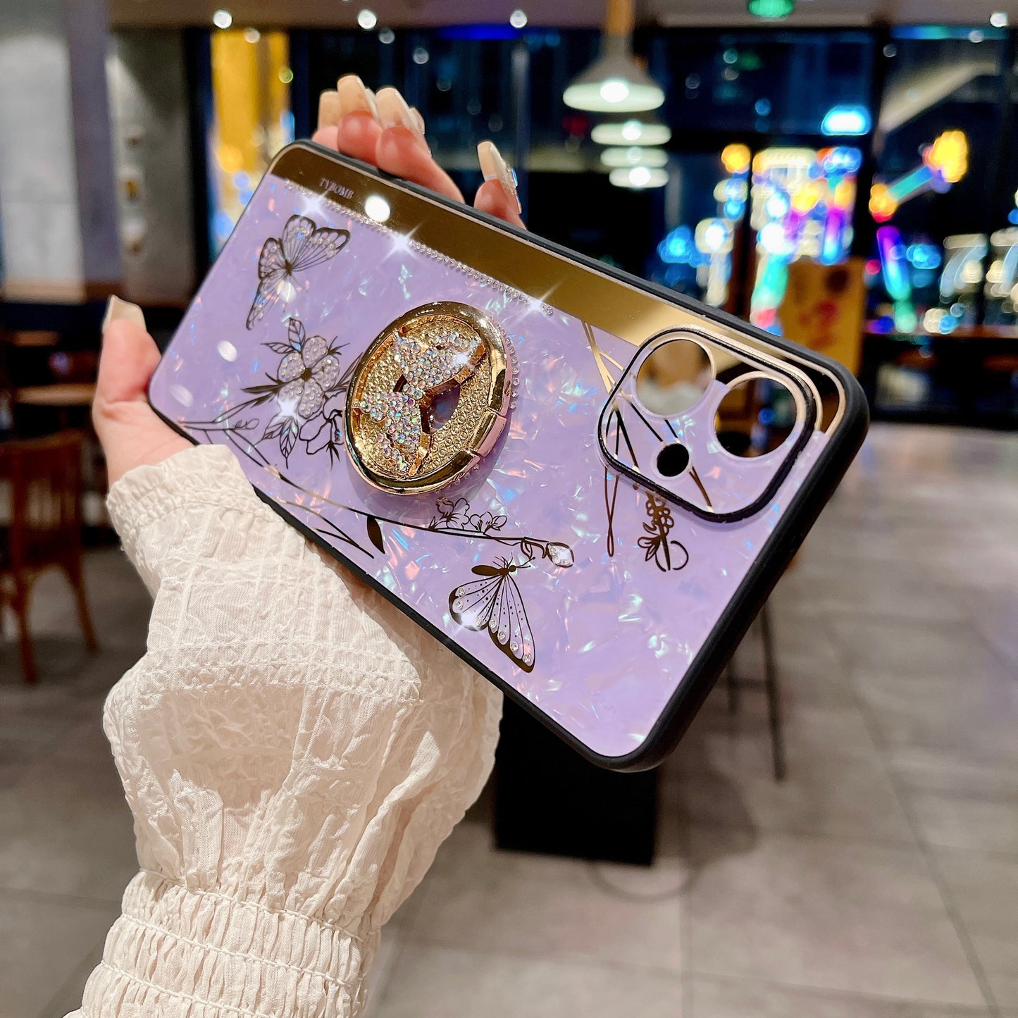 For Samsung Galaxy A06 Case Rhinestones Decor Kickstand TPU+PC Butterfly Floral Phone Cover - Purple