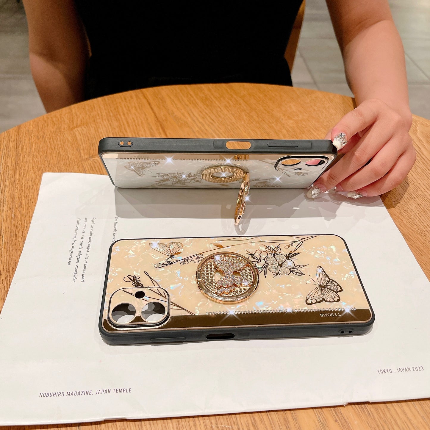 For Samsung Galaxy A06 Case Rhinestones Decor Kickstand TPU+PC Butterfly Floral Phone Cover - Purple