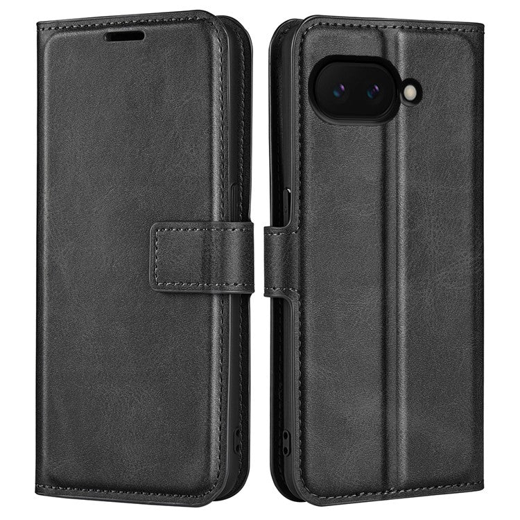 For Google Pixel 9a Stand Case Anti-Scratch Calf Texture Leather Phone Cover - Black