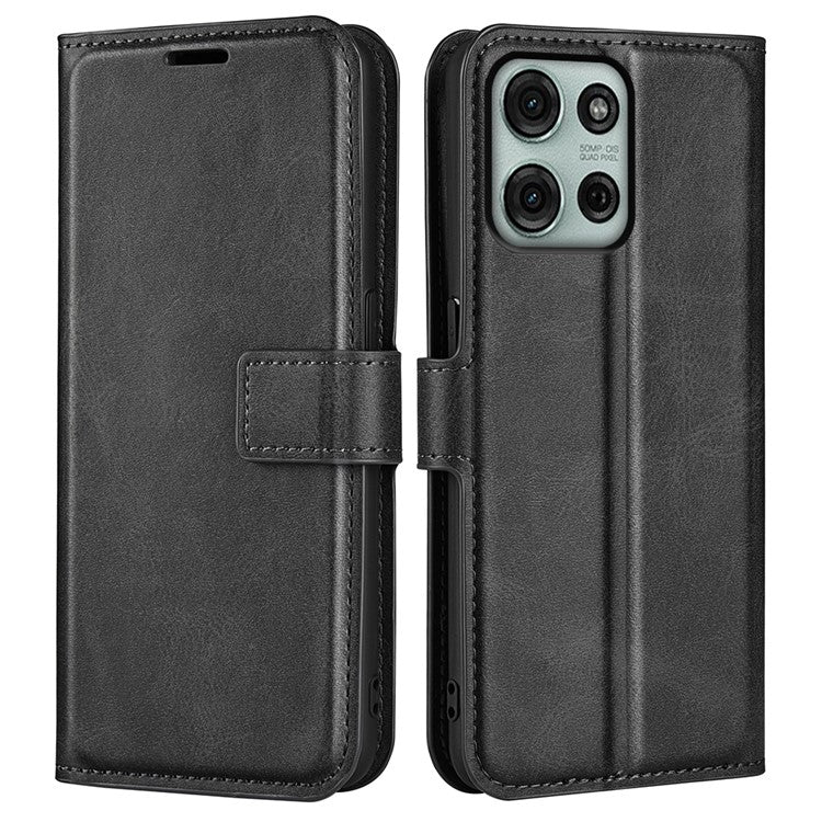 For Motorola Moto G75 5G Stand Case Anti-Scratch Calf Texture Leather Phone Cover - Black