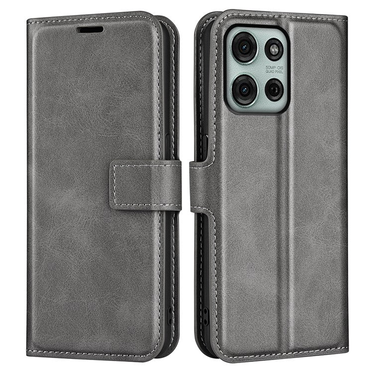 For Motorola Moto G75 5G Stand Case Anti-Scratch Calf Texture Leather Phone Cover - Grey