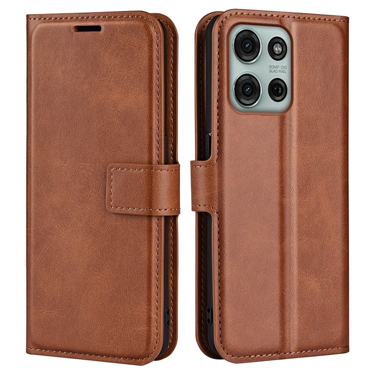 For Motorola Moto G75 5G Stand Case Anti-Scratch Calf Texture Leather Phone Cover - Light Brown