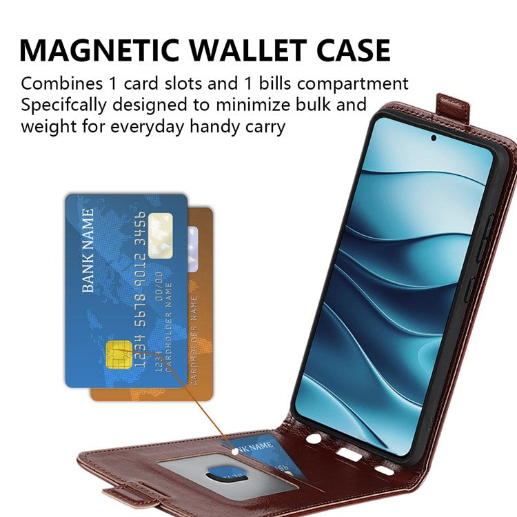 For Xiaomi Redmi Note 14 5G Case with Card Slots Vertical Flip Leather Phone Cover - Brown