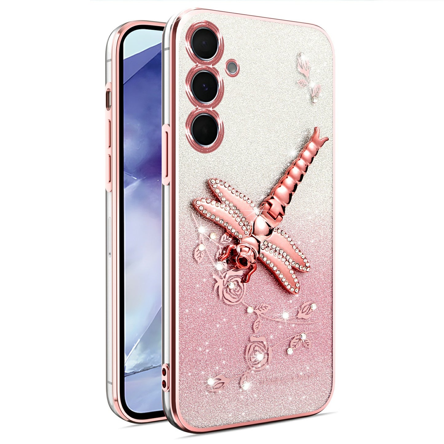 KADEM For Samsung Galaxy A16 5G / 4G Case Dragonfly Kickstand TPU Flowers Glitter Phone Cover - Pink