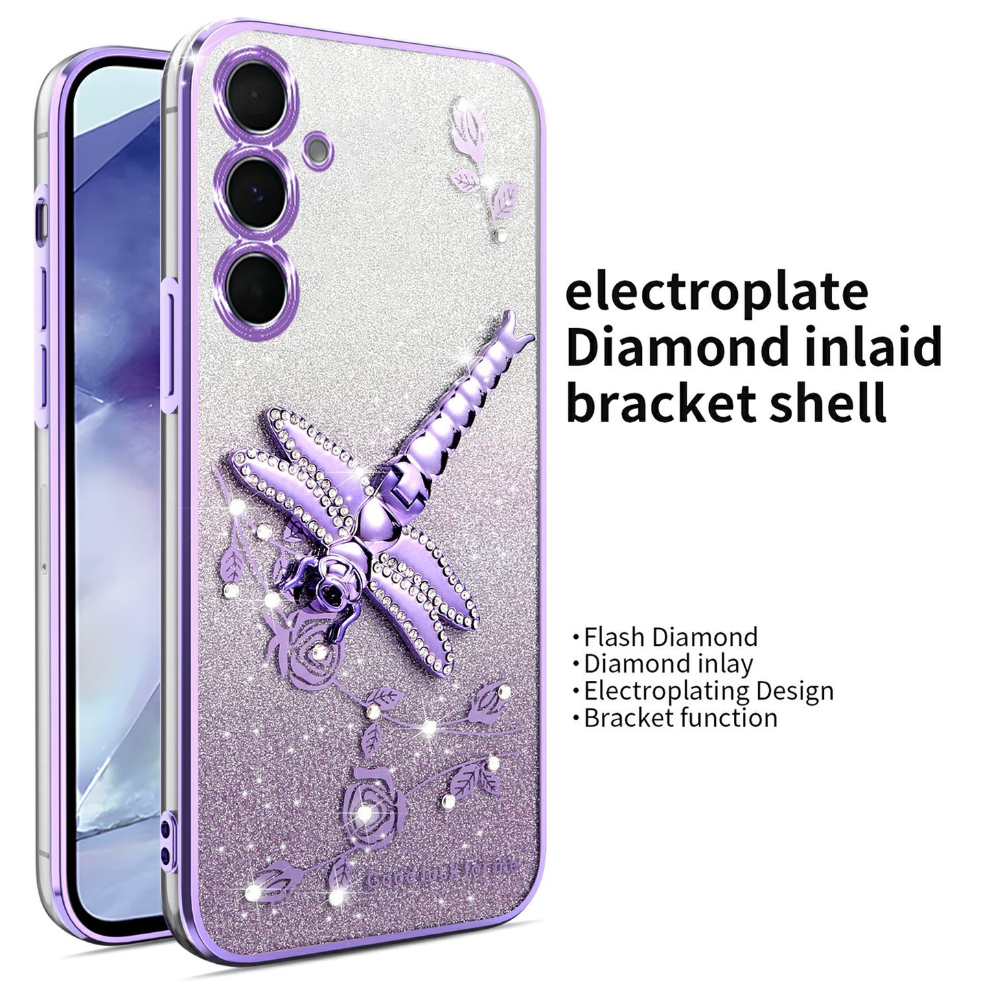KADEM For Samsung Galaxy A16 5G / 4G Case Dragonfly Kickstand TPU Flowers Glitter Phone Cover - Purple