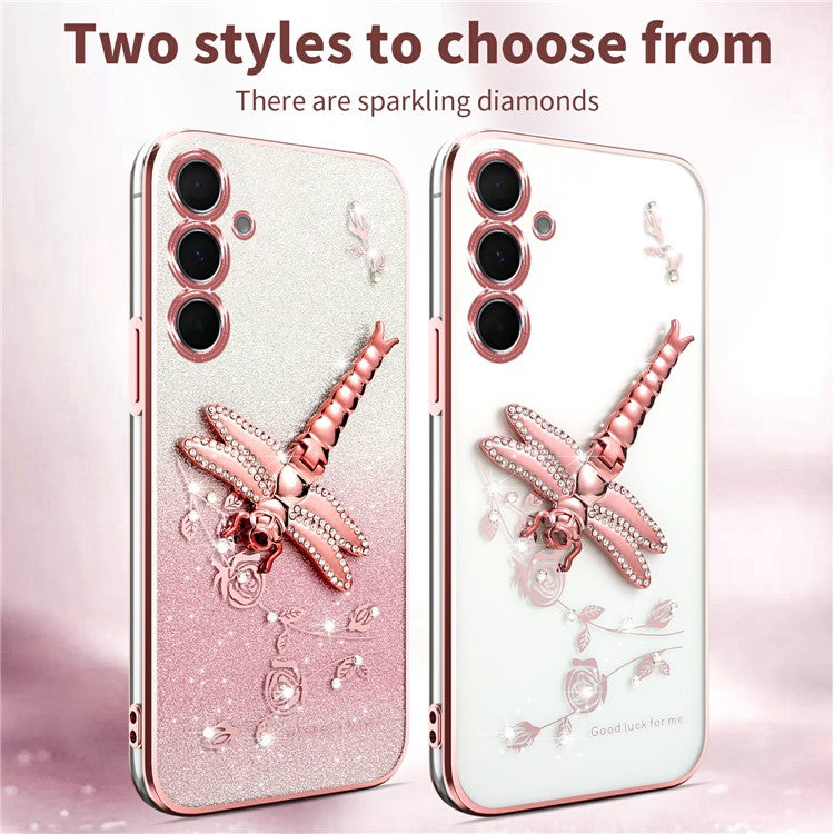 KADEM For Samsung Galaxy A15 5G / 4G Case Dragonfly Kickstand TPU Flowers Glitter Phone Cover - Pink