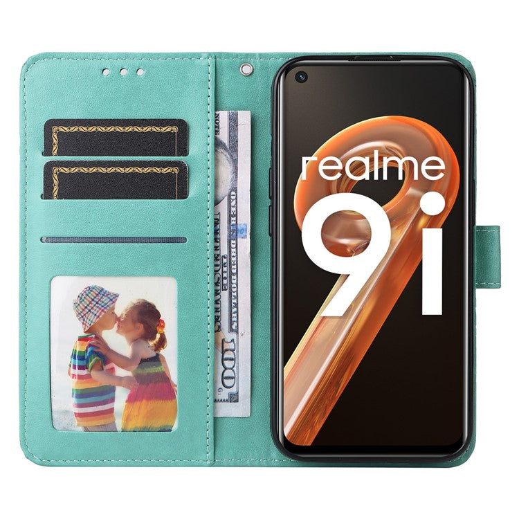 For Realme 9i 4G / Oppo A36 / A76 / A96 4G / K10 4G PU Leather Wallet Case Imprinted Sunflower Stand Magnetic Clasp All-Round Protection Phone Cover with Wrist Strap - Green