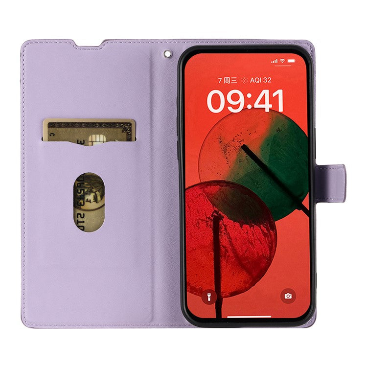 For iPhone 16 Plus Case Dots Imprinted PU Leather Flip Phone Cover with Card Slot, Strap - Purple