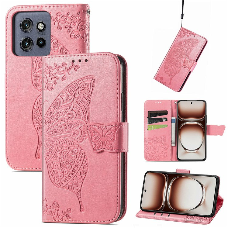 For Motorola Edge 50 Neo 5G / Moto S50 5G / Thinkphone 25 5G Case PU Leather Wallet Phone Cover Butterfly Pattern - Pink
