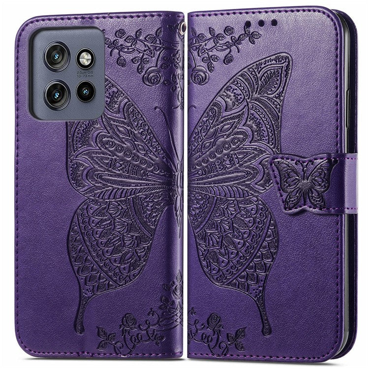 For Motorola Edge 50 Neo 5G / Moto S50 5G / Thinkphone 25 5G Case PU Leather Wallet Phone Cover Butterfly Pattern - Dark Purple