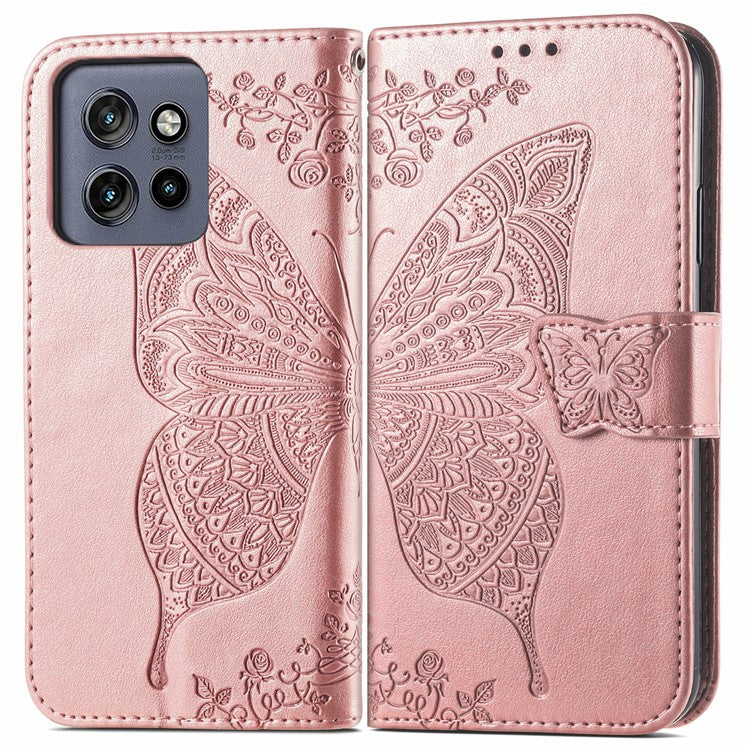 For Motorola Edge 50 Neo 5G / Moto S50 5G / Thinkphone 25 5G Case PU Leather Wallet Phone Cover Butterfly Pattern - Rose Gold