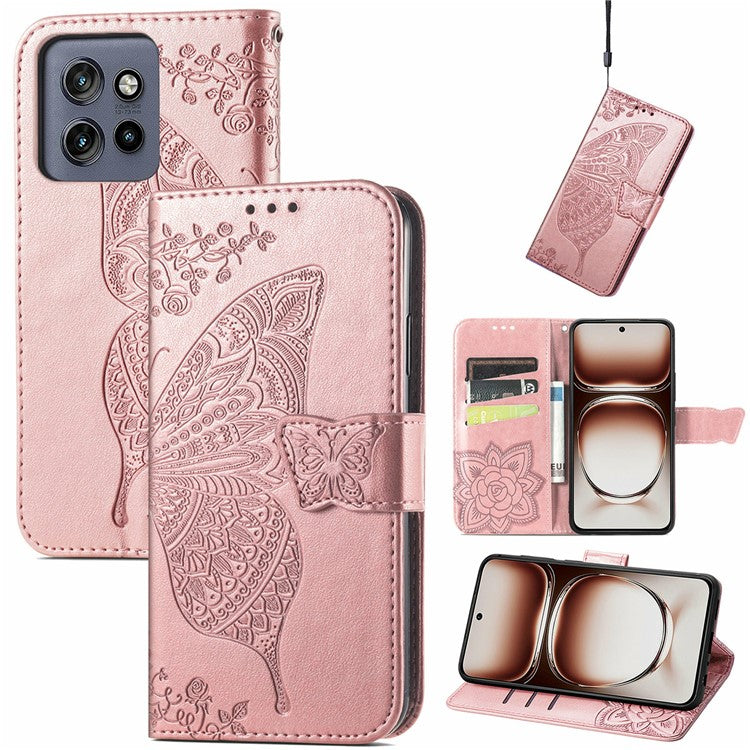 For Motorola Edge 50 Neo 5G / Moto S50 5G / Thinkphone 25 5G Case PU Leather Wallet Phone Cover Butterfly Pattern - Rose Gold