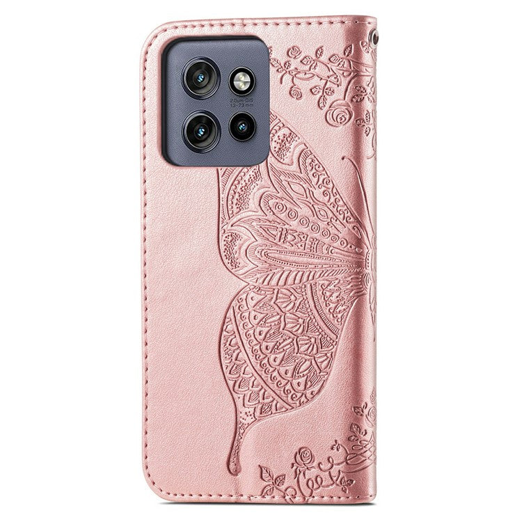 For Motorola Edge 50 Neo 5G / Moto S50 5G / Thinkphone 25 5G Case PU Leather Wallet Phone Cover Butterfly Pattern - Rose Gold