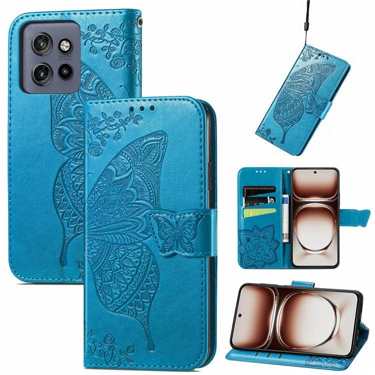 For Motorola Edge 50 Neo 5G Case PU Leather Wallet Phone Cover Butterfly Pattern - Blue
