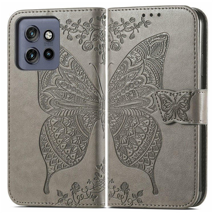 For Motorola Edge 50 Neo 5G / Moto S50 5G / Thinkphone 25 5G Case PU Leather Wallet Phone Cover Butterfly Pattern - Grey