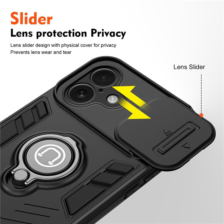 For iPhone 16 Plus Case Slide Camshield Kickstand PC+TPU Phone Cover - Black