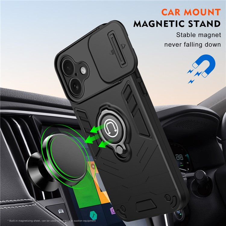For iPhone 16 Plus Case Slide Camshield Kickstand PC+TPU Phone Cover - Black