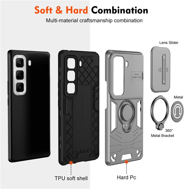 For Infinix Hot 50 4G Case Slide Camshield Kickstand PC+TPU Phone Cover - Grey