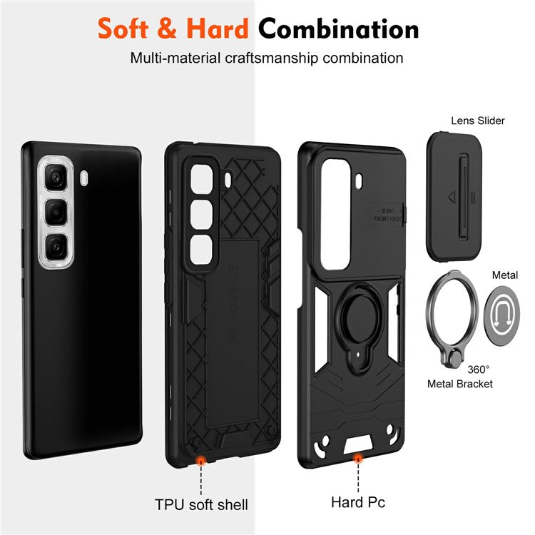 For Infinix Hot 50 4G Case Slide Camshield Kickstand PC+TPU Phone Cover - Black