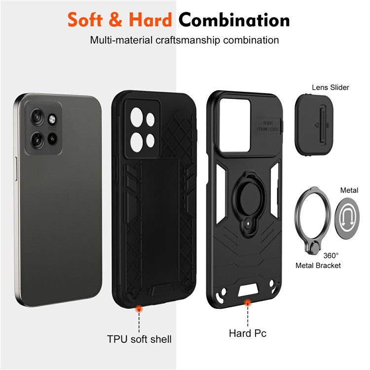 Phone Case For Motorola Edge 50 Neo 5G / Moto S50 5G / Thinkphone 25 5G PC+TPU Phone Cover with Slide Camshield Kickstand- Black