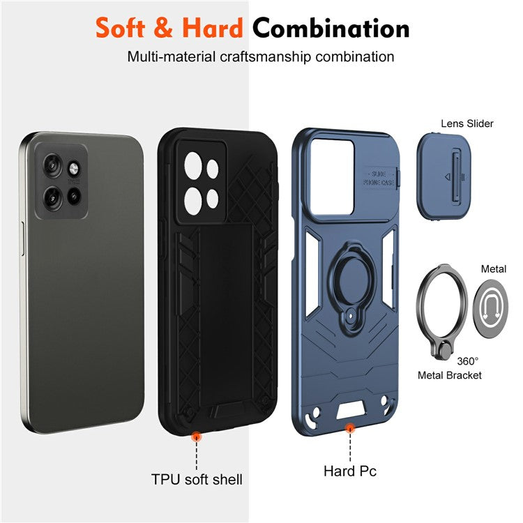 Phone Case For Motorola Edge 50 Neo 5G / Moto S50 5G / Thinkphone 25 5G PC+TPU Phone Cover with Slide Camshield Kickstand- Blue