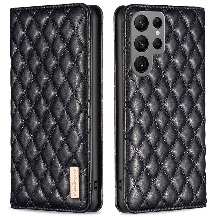 BINFEN COLOR BF Style-16 For Samsung Galaxy S25 Ultra Case Card Slots Rhombus Leather Cover - Black