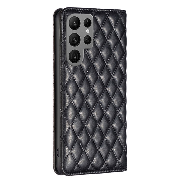 BINFEN COLOR BF Style-16 For Samsung Galaxy S25 Ultra Case Card Slots Rhombus Leather Cover - Black