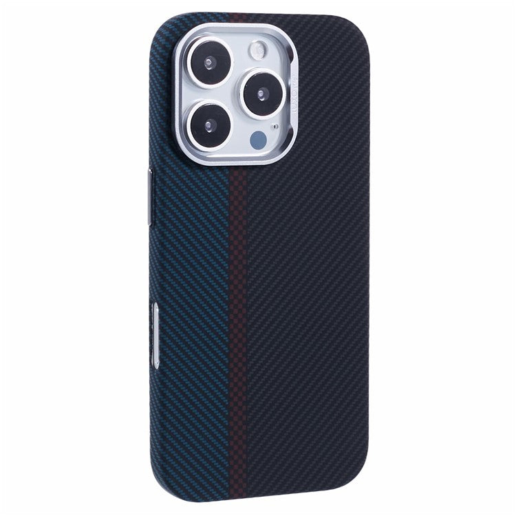 For iPhone 16 Pro Case Compatible with MagSafe Carbon Fiber Texture Water-Transfer PC Phone Cover - Blue+Red+Black