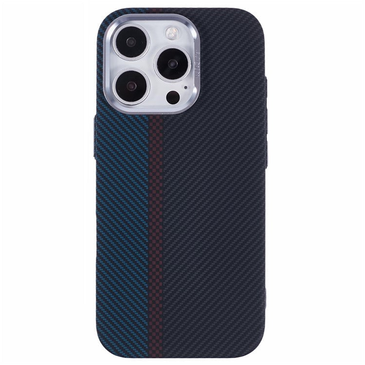 For iPhone 16 Pro Case Compatible with MagSafe Carbon Fiber Texture Water-Transfer PC Phone Cover - Blue+Red+Black