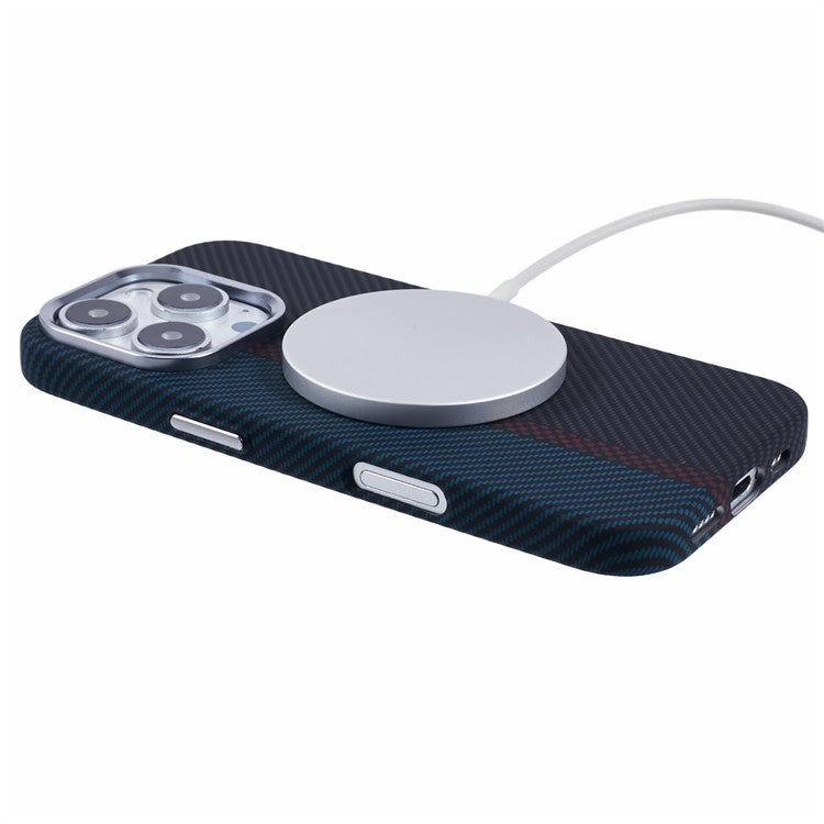 For iPhone 16 Pro Case Compatible with MagSafe Carbon Fiber Texture Water-Transfer PC Phone Cover - Blue+Red+Black