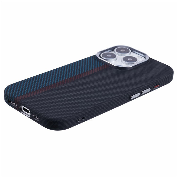 For iPhone 16 Pro Case Compatible with MagSafe Carbon Fiber Texture Water-Transfer PC Phone Cover - Blue+Red+Black