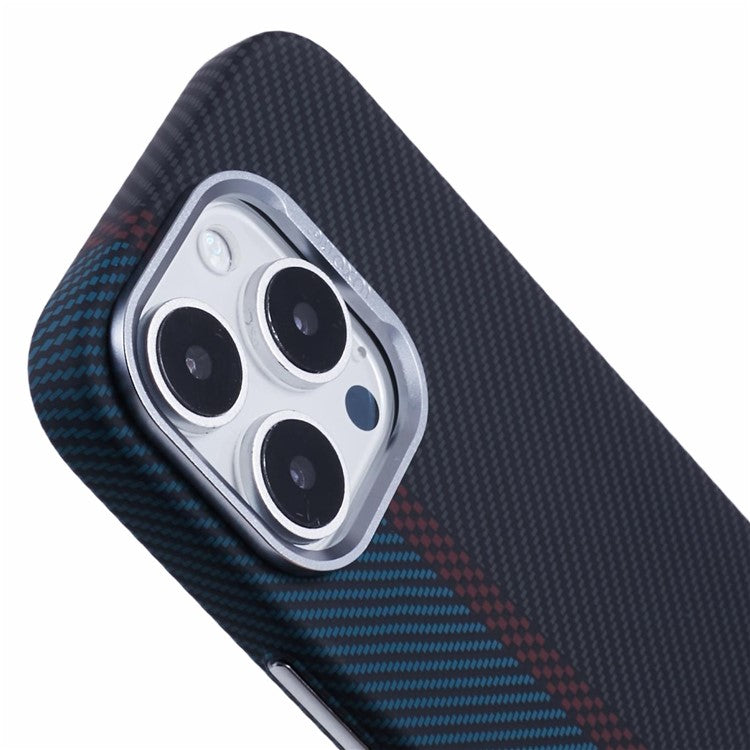 For iPhone 16 Pro Case Compatible with MagSafe Carbon Fiber Texture Water-Transfer PC Phone Cover - Blue+Red+Black
