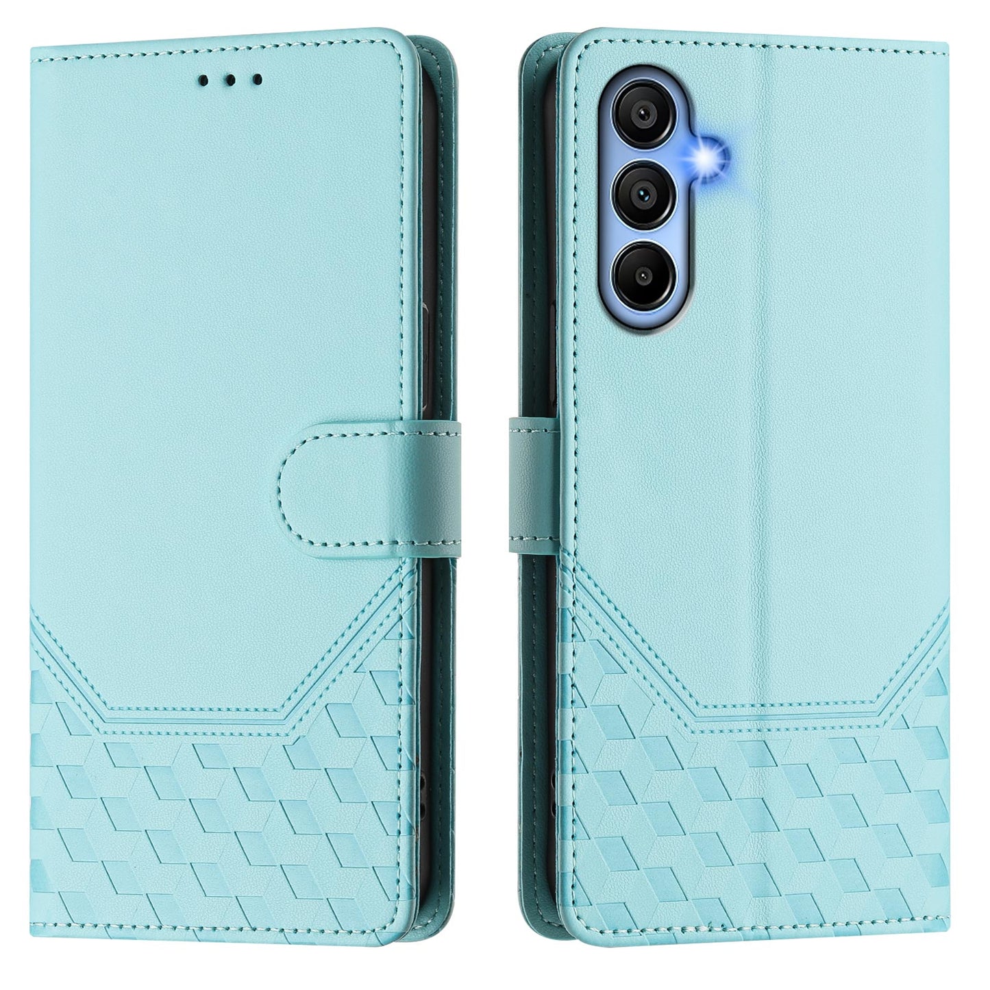 For Samsung Galaxy A06 Case Imprinted Honeycomb RFID Blocking Leather Phone Cover with Strap - Mint Green