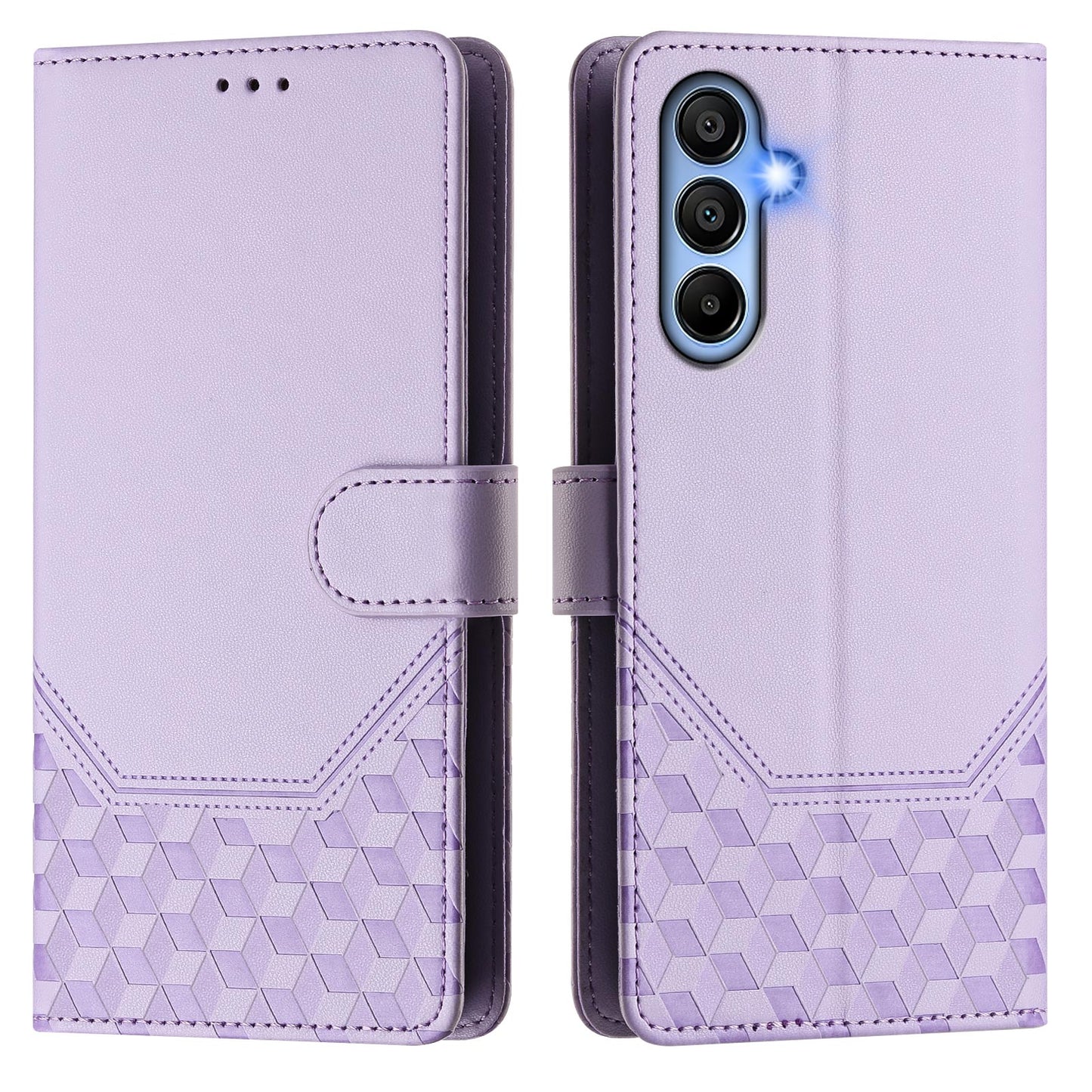For Samsung Galaxy A06 Case Imprinted Honeycomb RFID Blocking Leather Phone Cover with Strap - Light Purple
