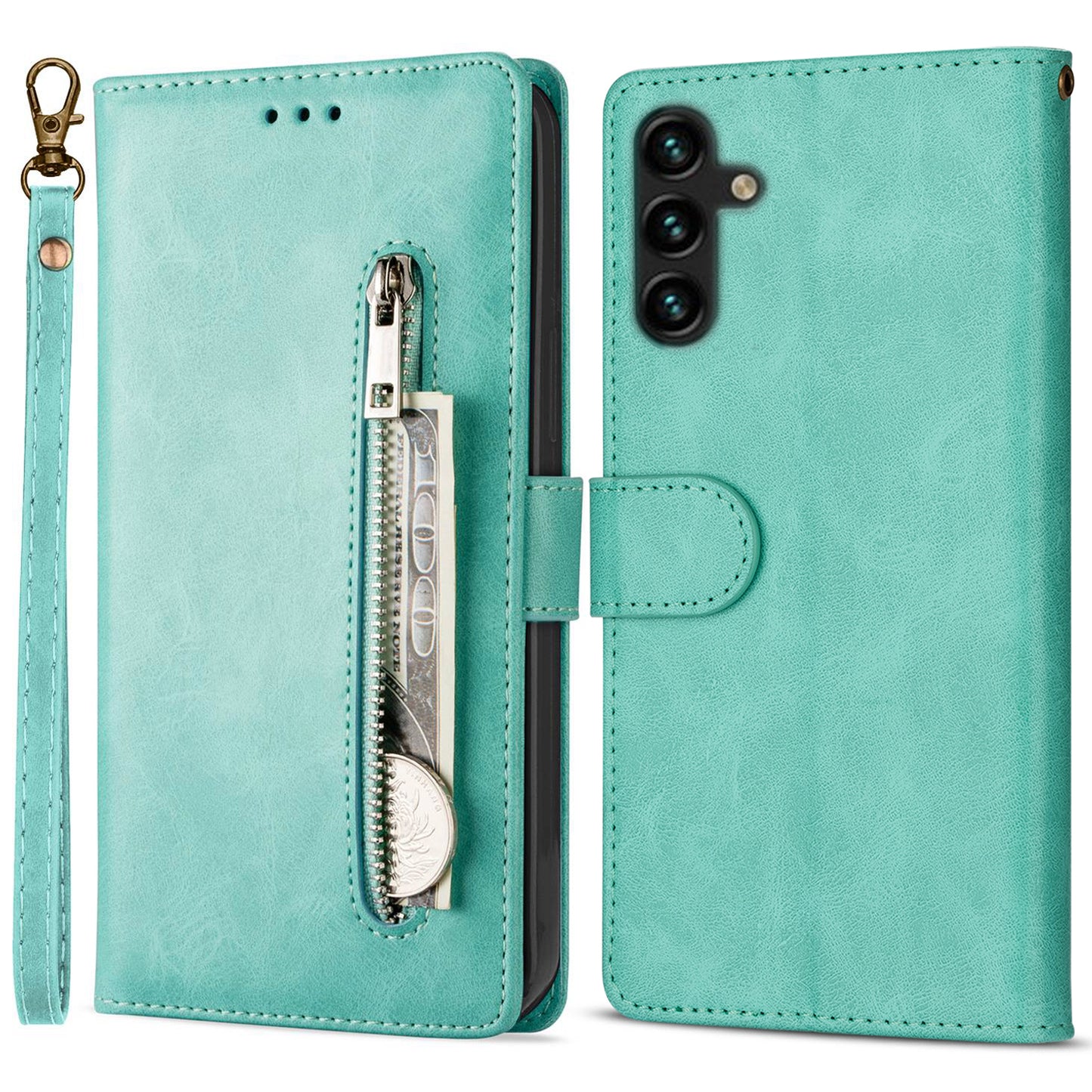For Samsung Galaxy A16 4G / 5G Case Anti-Scratch Zipper Wallet Leather Phone Cover - Green